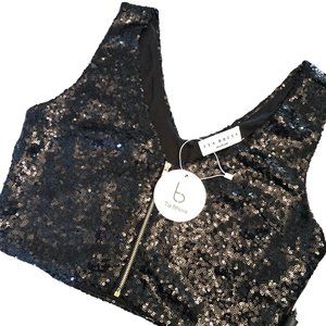 NEW Tia Bhuva Black Sequined Zip Front Cropped Crop Tank SZ Medium